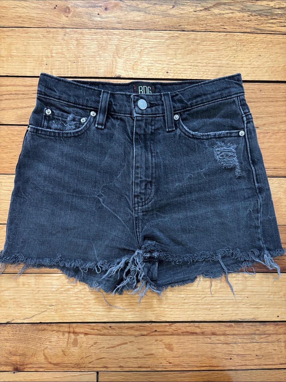 BDG Washed Black High-Rise Frayed Denim Shorts